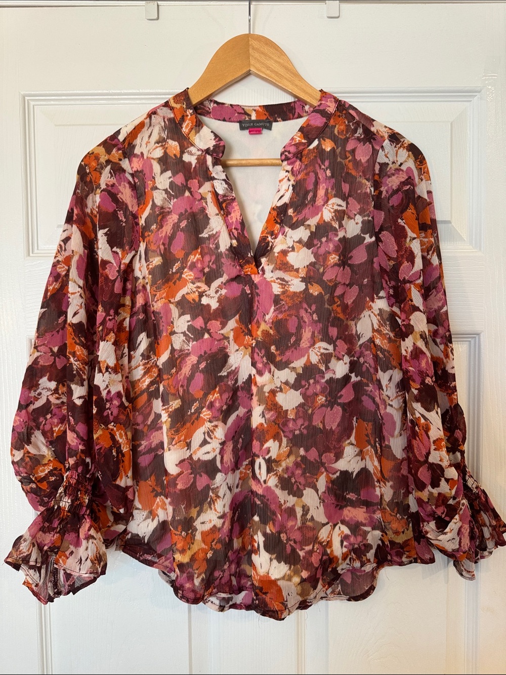 Vince Camuto Multi Floral V-Neck Blouse in Berry and Orange